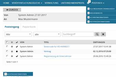 Ansicht des Postfachs in der Auftragsbörse in klein