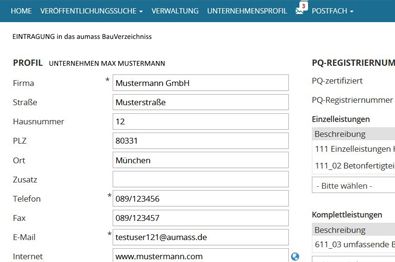 Ansicht des Bauverzeichnisses in der Auftragsbörse in klein