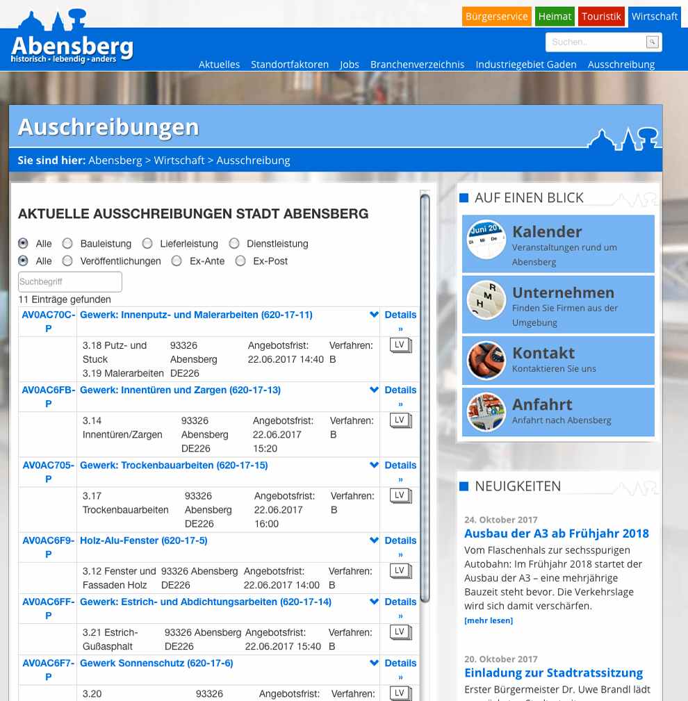 Webseite der Stadt Abensberg mit Auschreibungsliste