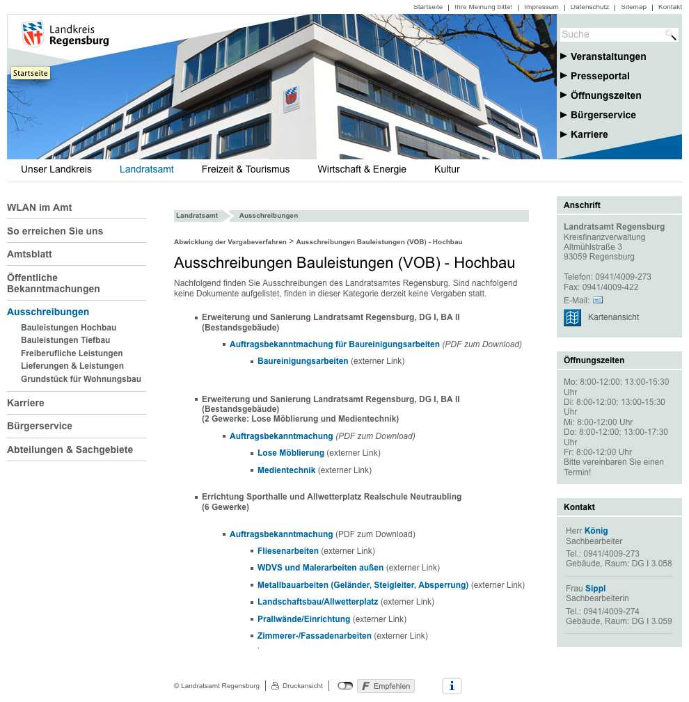 Webseite des Landkreises Regensburg mit Auschreibungen