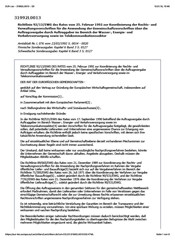 Erste Seite der EU Sektorenrechtsmittelrichtlinie 92/13/EWG