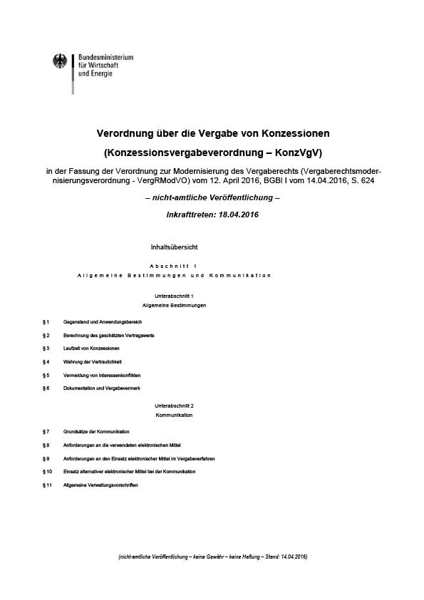 Erste Seite der Konzessionsvergabeverordnung KonzVgV