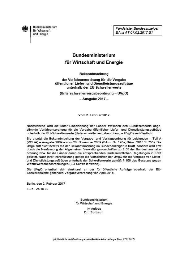 Erste Seite der Unterschwellenvergabeordnung UVgO