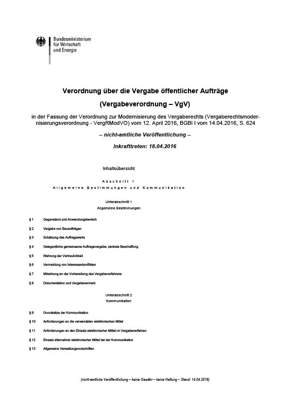 Erste Seite der Verordnung über die Vergabe öffentlicher Aufgräge VgV